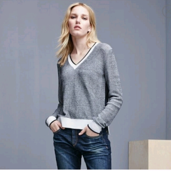 Rag & Bone Ainsley Gray Black Knit V-Neck Long Sleeve Sweater sz Xs - Picture 1 of 9